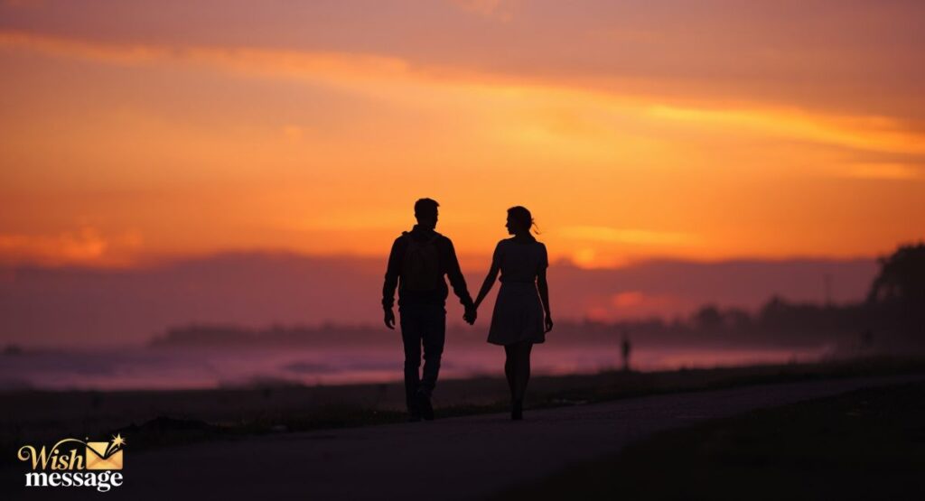 Romantic happy Friday my love couple walking at sunset